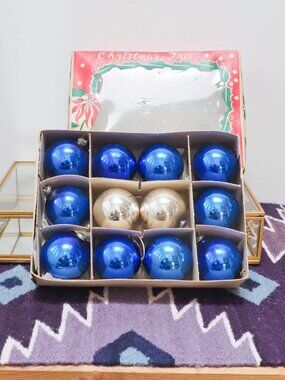 Vtg Blue & Silver Christmas Ornaments - Set of 12 - Made in Japan - Vintage Xmas